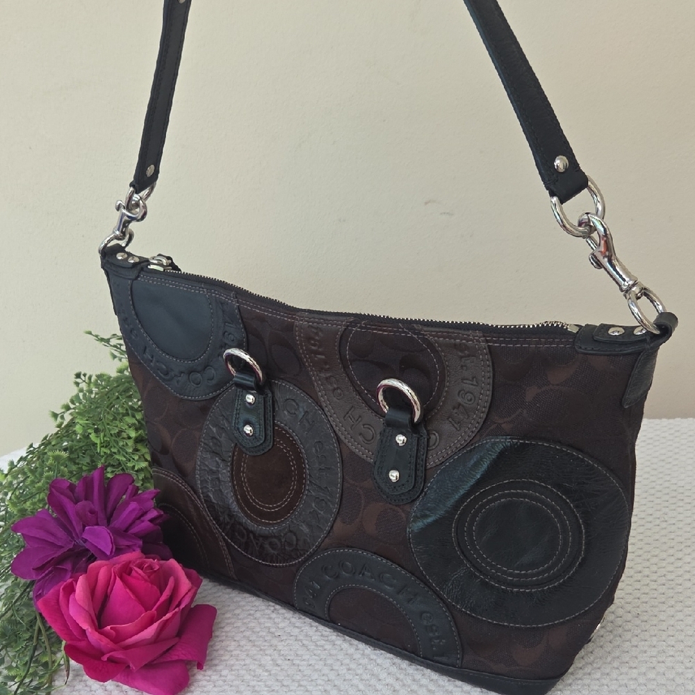 Coach Optic Black Brown Leather Shouder Bag Purse - Picture 7 of 16